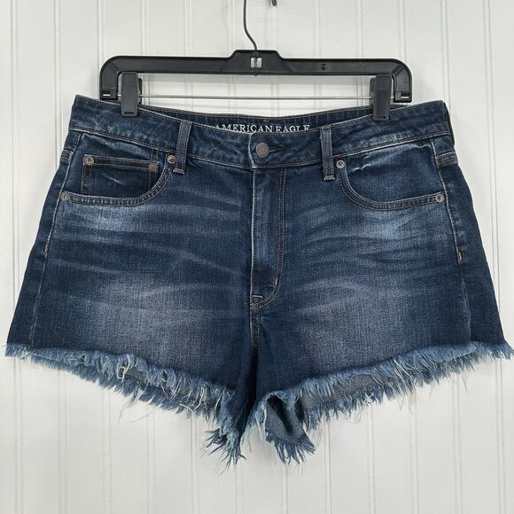 American Eagle Shorts 12 Vintage Hi Rise Festival Shortie Blue Denim Fringe Fray - Picture 1 of 9